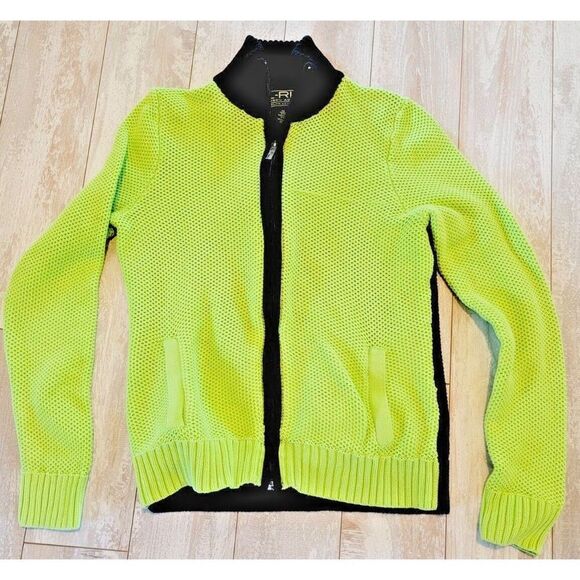 Lauren Active Ralph Lauren M Lime‎ Green Jacket Open Knit Zip Up Color Block - Picture 1 of 8